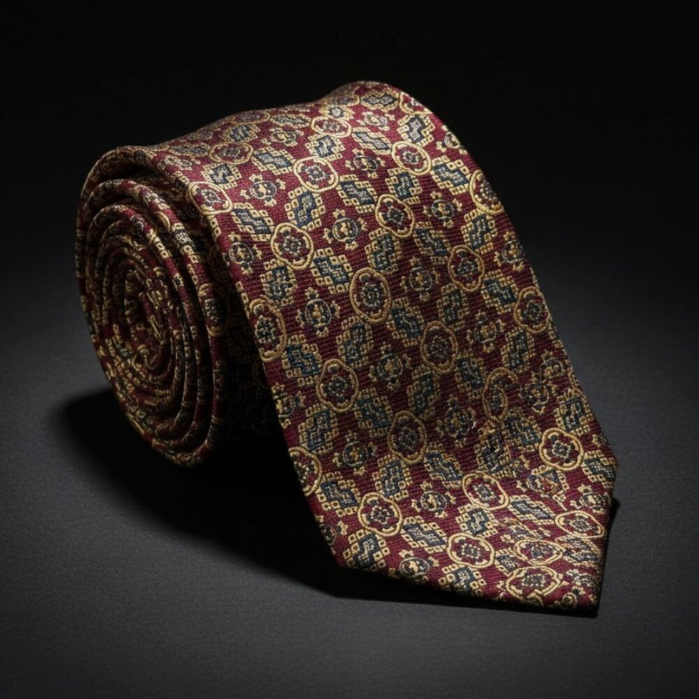 Polo Ralph Lauren Silk Tie Deep Red Gold Navy Geometric‎ Floral Motif Hand Made